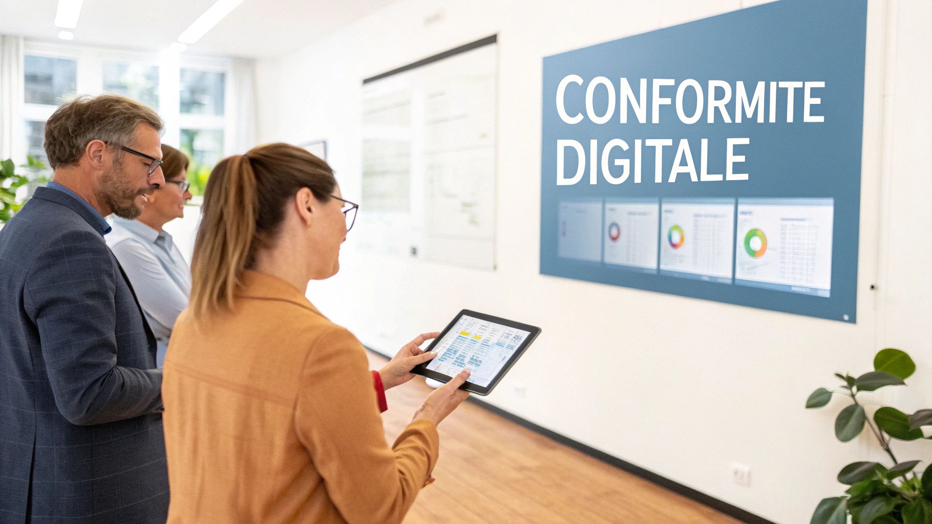 Des professionnels examinent des données de conformité digitale sur une tablette et un grand écran.