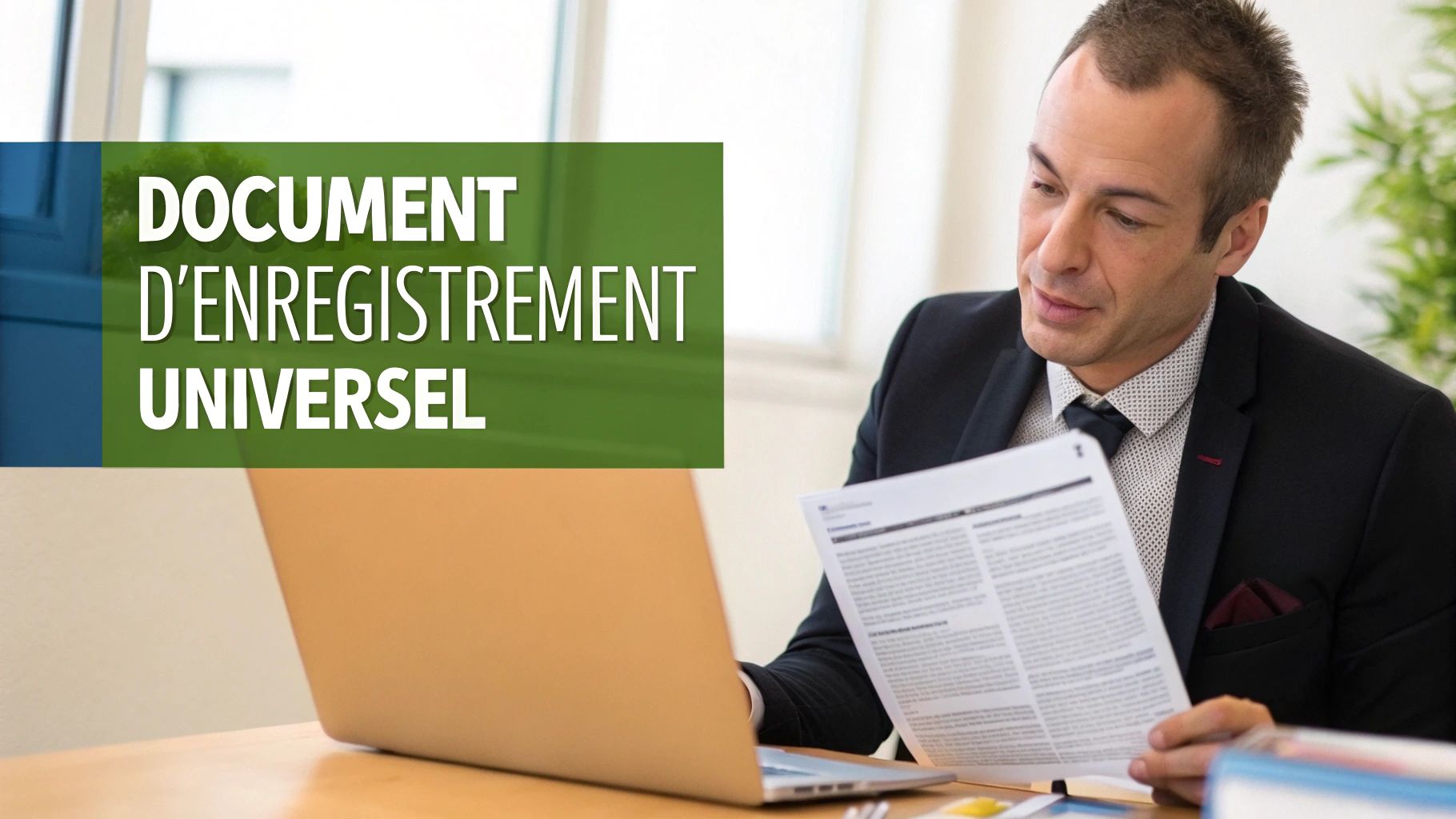 Un homme en costume lit attentivement un document devant un ordinateur portable, avec une bannière affichant "DOCUMENT D'ENREGISTREMENT UNIVERSEL".