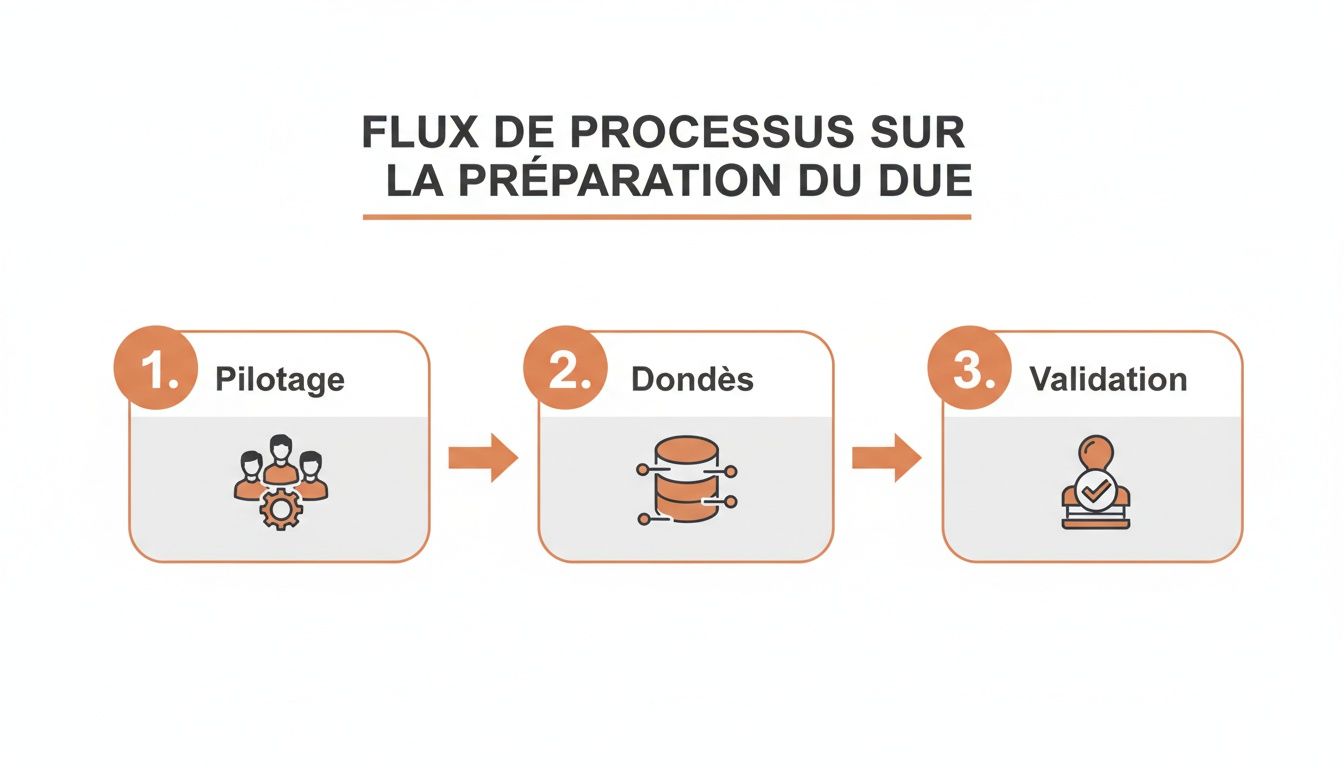 Diagramme illustrant le flux de processus pour la préparation du DUE en trois étapes : pilotage, dondès et validation.
