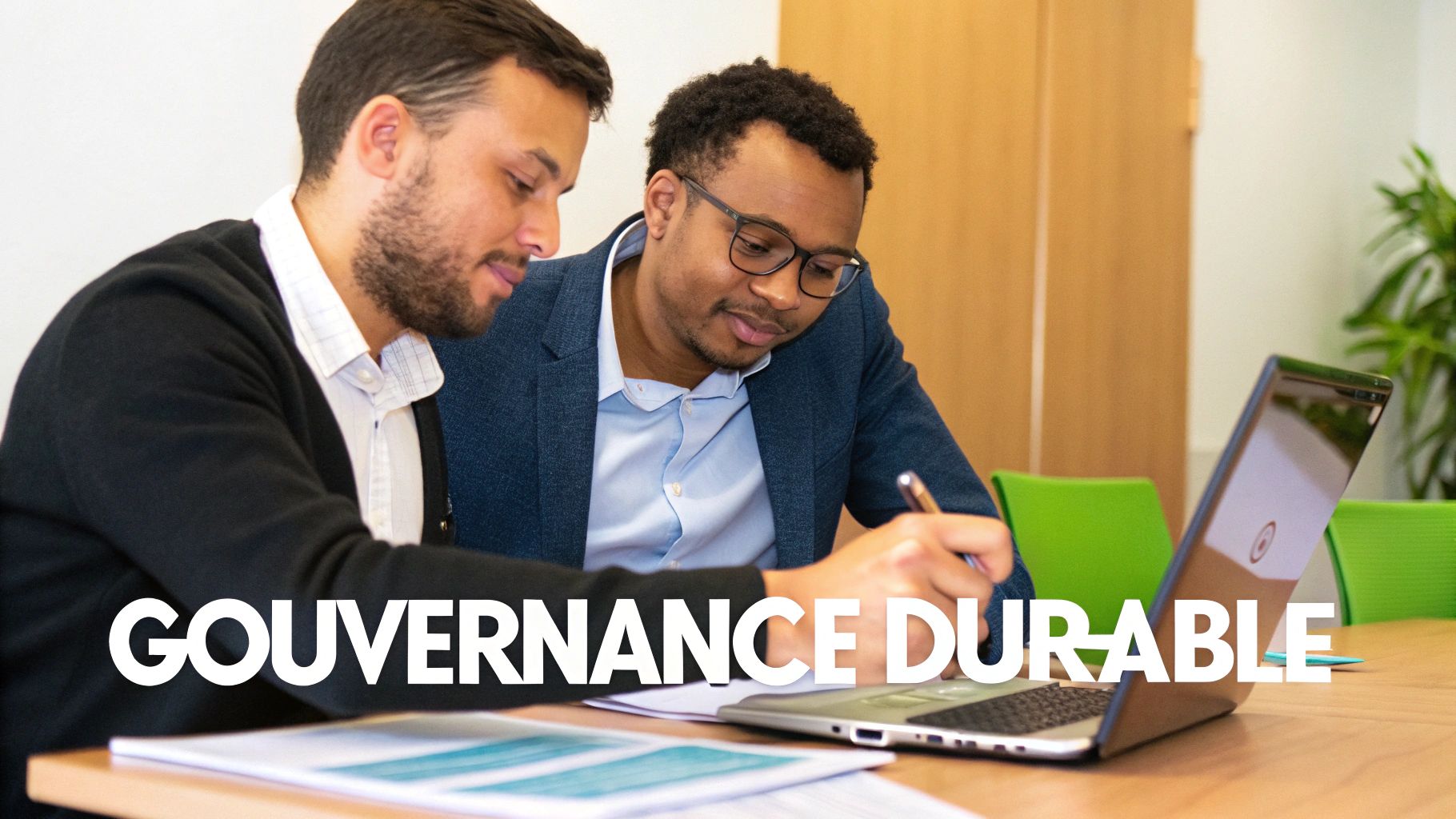 Deux hommes souriants collaborent sur un ordinateur portable et des documents, symbolisant la gouvernance durable.