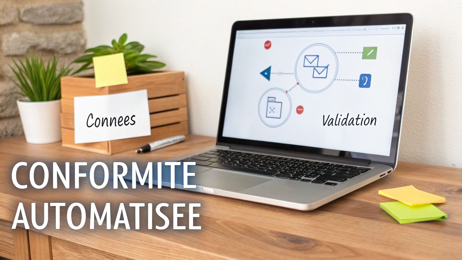 Un ordinateur portable sur un bureau en bois, affichant un diagramme de flux. Des notes et une plante sont aussi visibles.