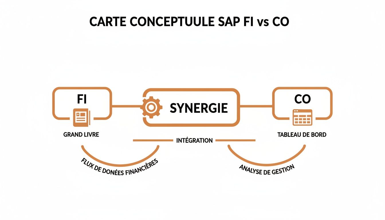 Carte conceptuelle montrant la synergie et l'intégration entre SAP FI (comptabilité financière) et SAP CO (contrôle de gestion).