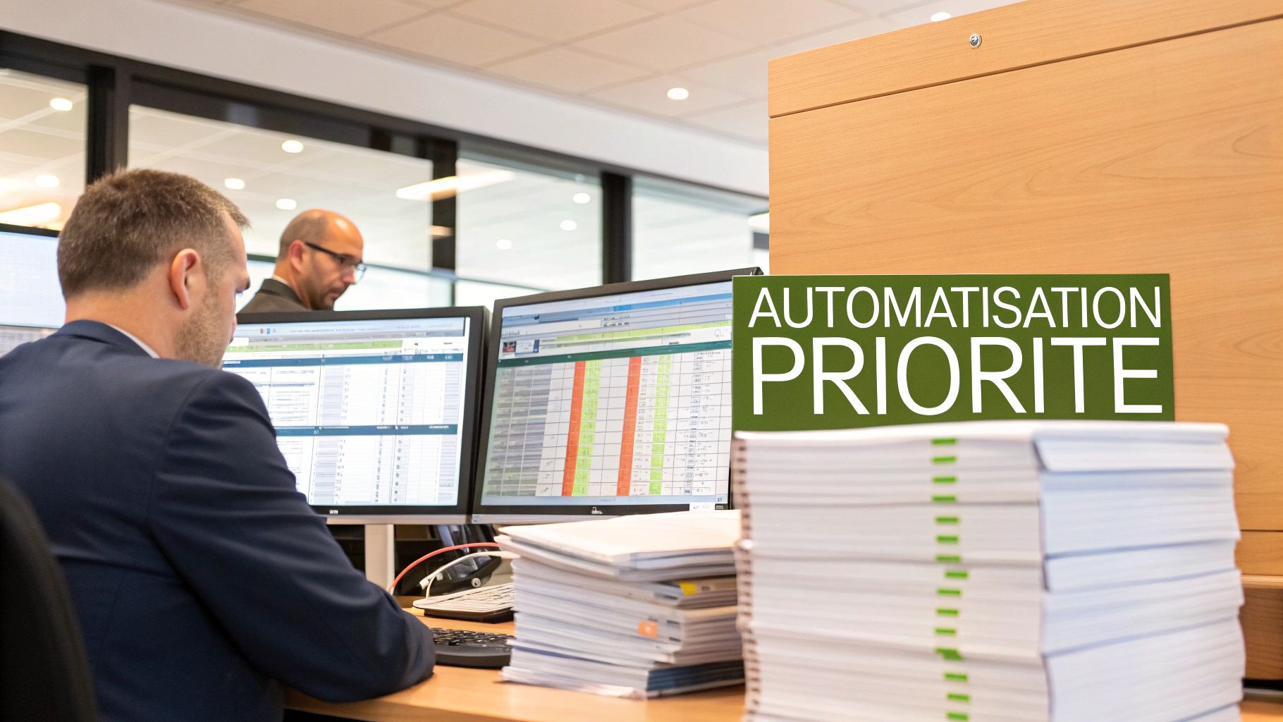Un homme en costume travaille sur deux écrans d'ordinateur, avec une pile de papiers et un panneau "AUTOMATISATION PRIORITE".
