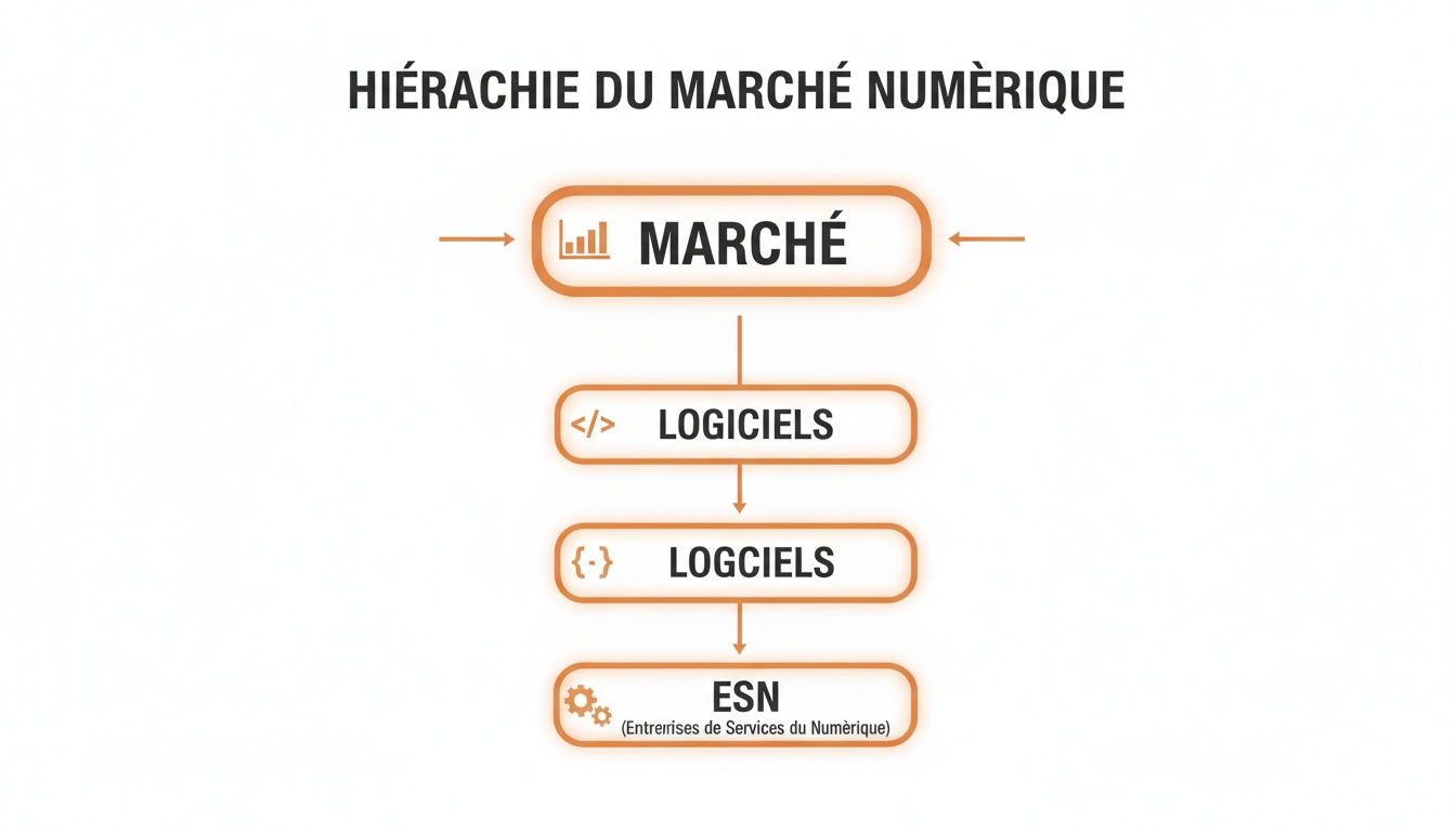 Diagramme hiérarchique du marché numérique, allant du marché général aux logiciels et aux ESN.