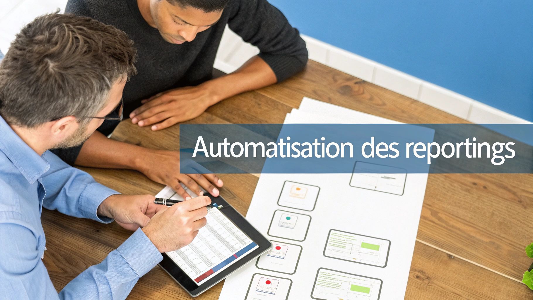 Deux hommes collaborent autour d'une tablette et de documents, discutant de l'automatisation des reportings.