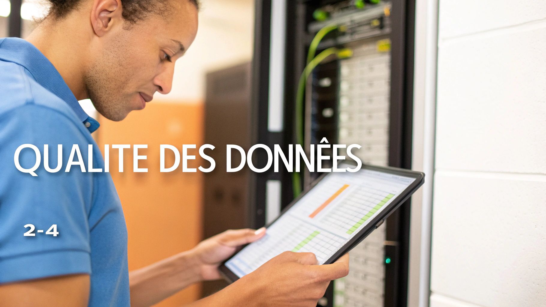 Un professionnel examine des données de qualité sur une tablette dans une salle de serveurs.