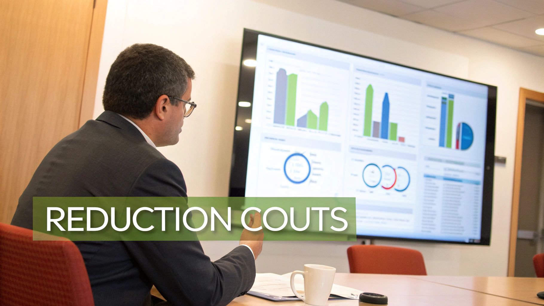 Homme d'affaires en costume regardant un grand écran affichant des graphiques de réduction des coûts.