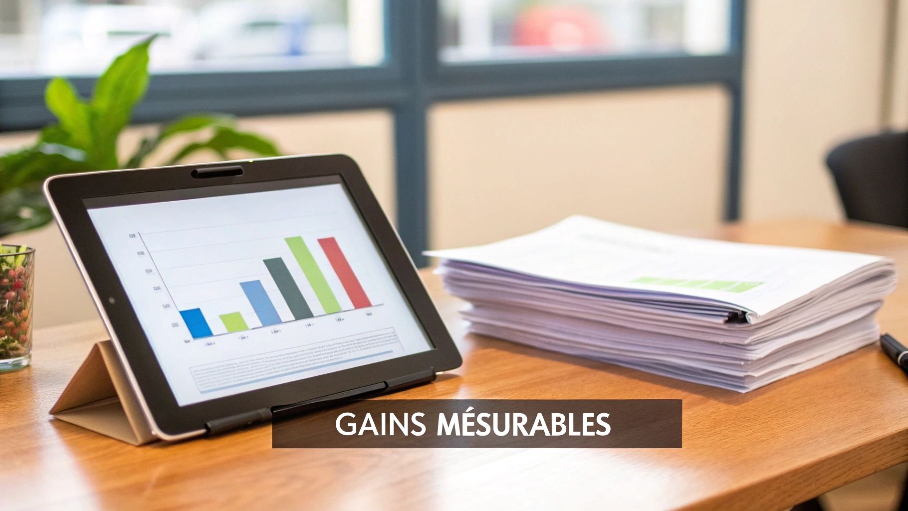 Tablette affichant un graphique de données et une pile de documents sur une table en bois, avec l'inscription "GAINS MESURABLES".