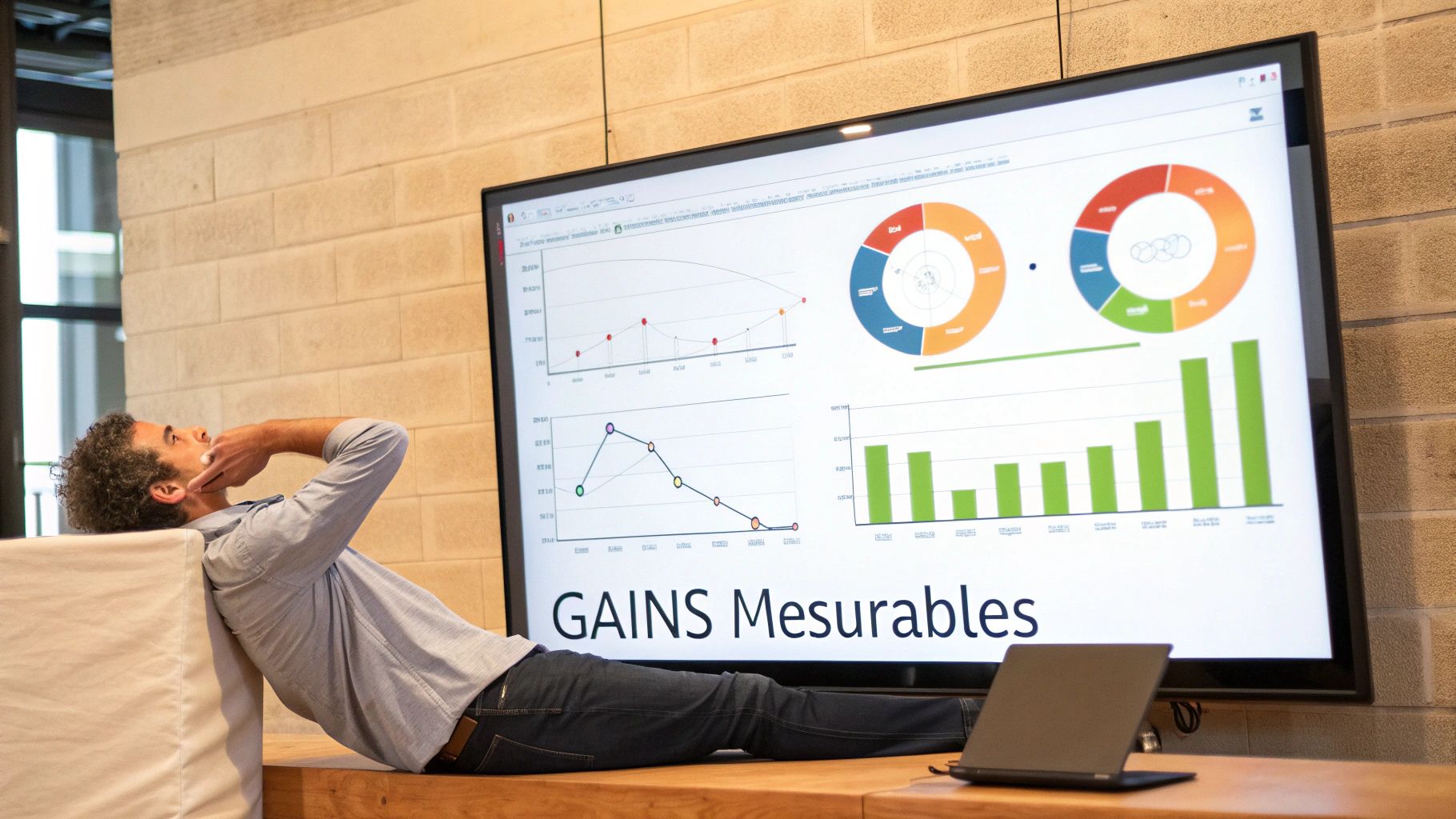 Un homme décontracté regarde un grand écran présentant des graphiques d'analyse de données et le titre "GAINS Mesurables".