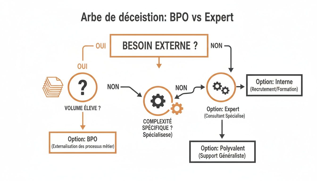 Arbre de décision illustrant le choix entre BPO, Expert, Polyvalent ou Interne selon les besoins.