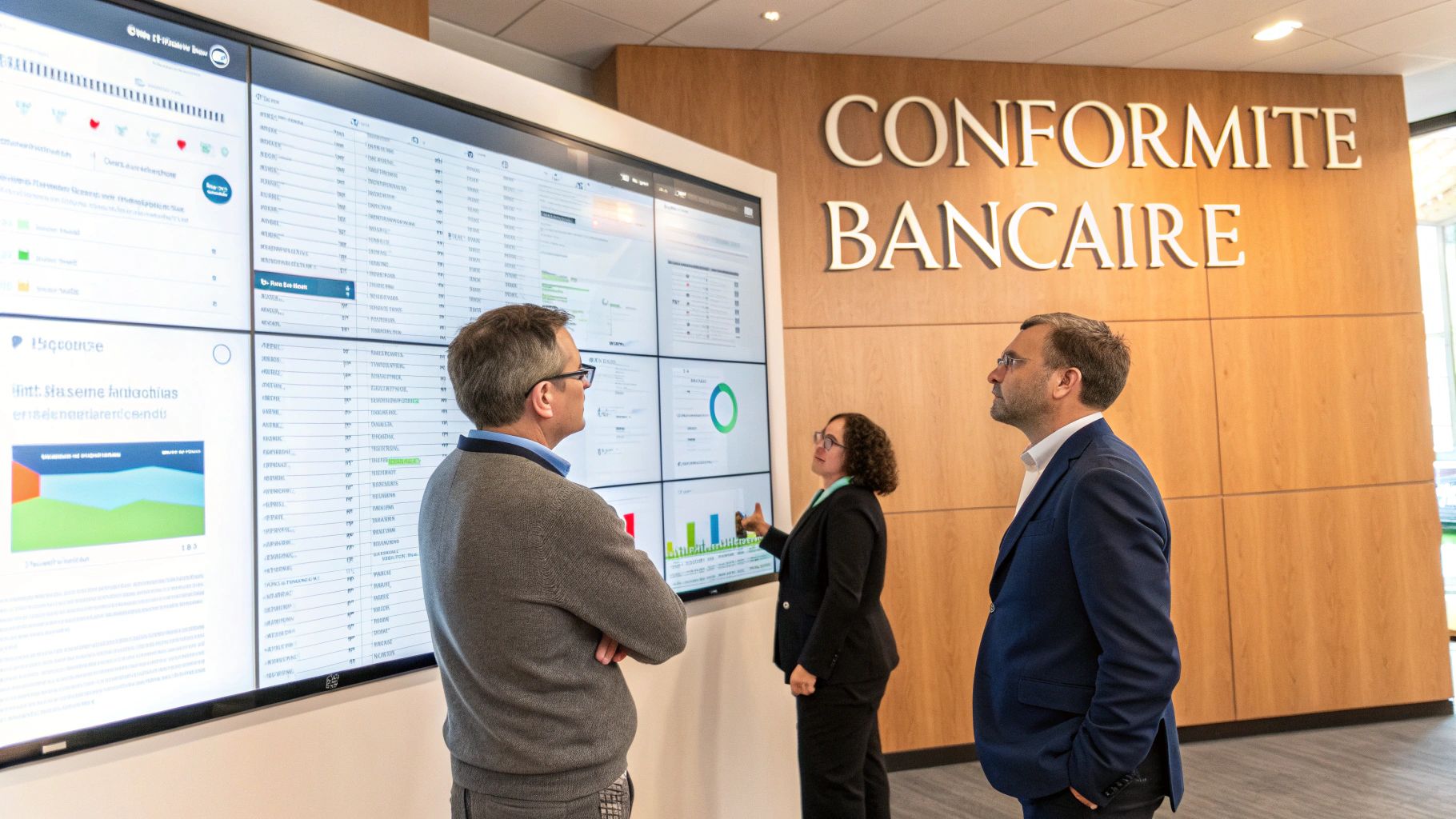 Trois professionnels analysent des données financières sur un grand écran de conformité bancaire.