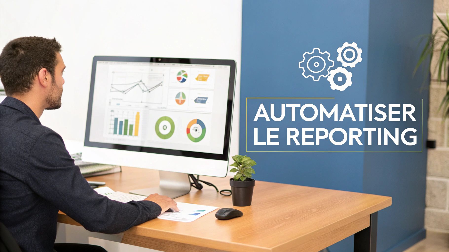 Un homme regarde un écran d'ordinateur affichant des graphiques et des données pour l'automatisation du reporting.
