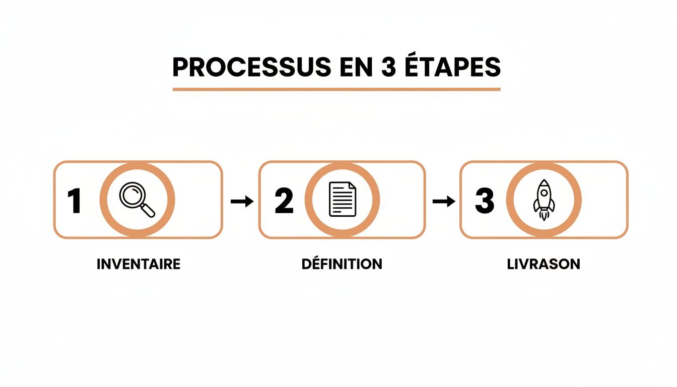Diagramme montrant un processus en 3 étapes : Inventaire avec loupe, Définition avec document et Livraison avec fusée.