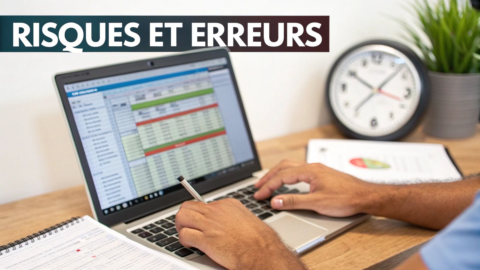 Personne travaillant sur un ordinateur portable affichant des données et des graphiques, avec le titre 'RISQUES ET ERREURS' en surimpression, sur un bureau en bois.