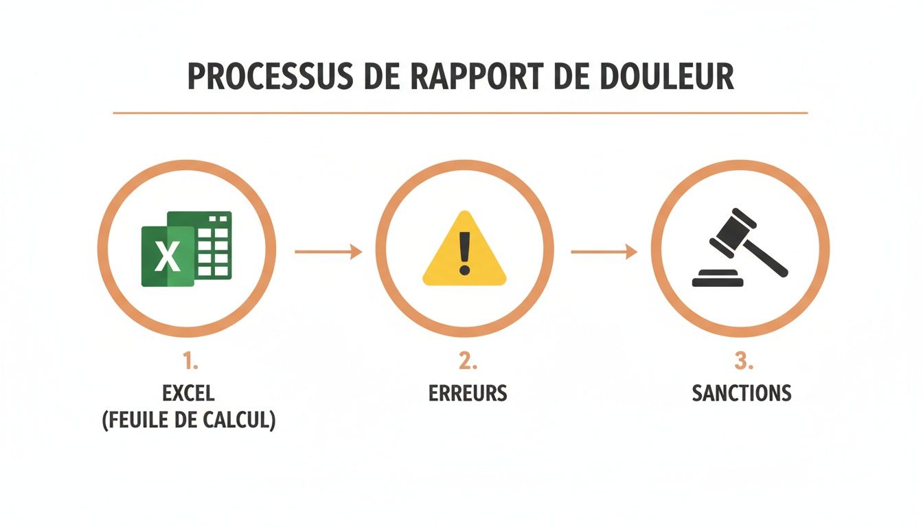 Diagramme montrant un processus de rapport de douleur en trois étapes : Excel, erreurs et sanctions, avec des icônes explicites.