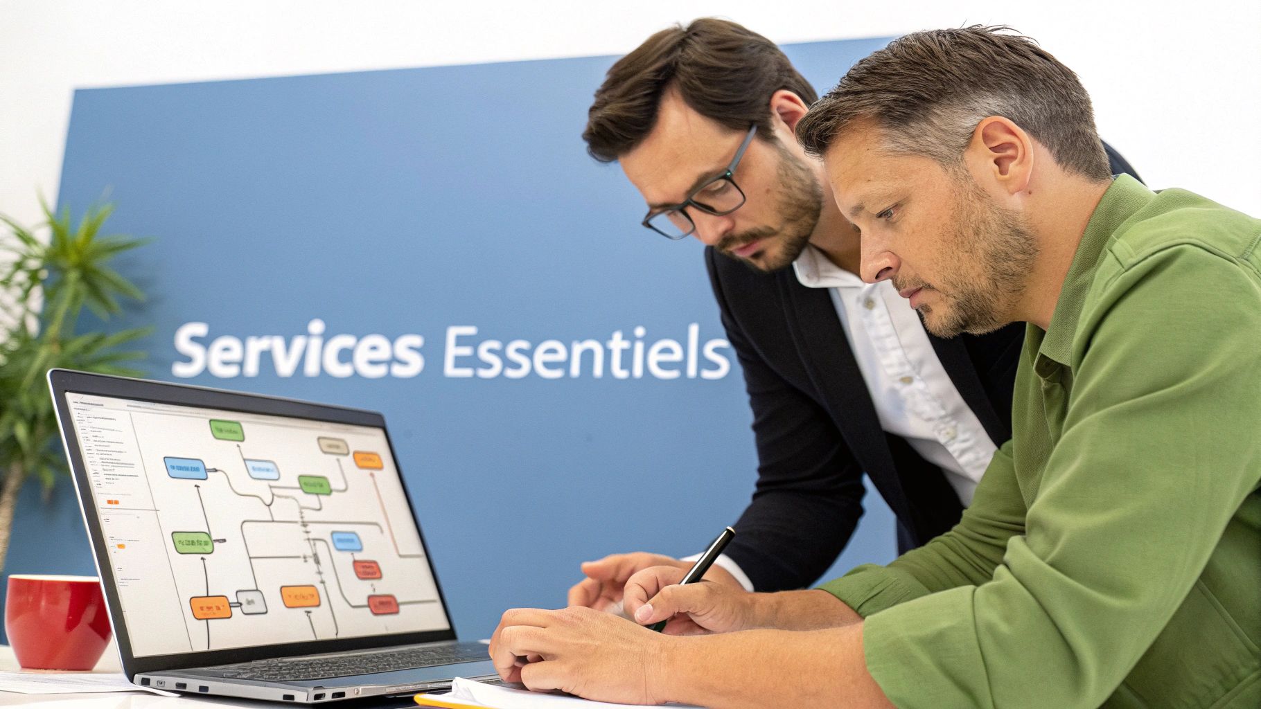 Deux professionnels examinant un diagramme sur un ordinateur portable, avec un homme écrivant sur un carnet.