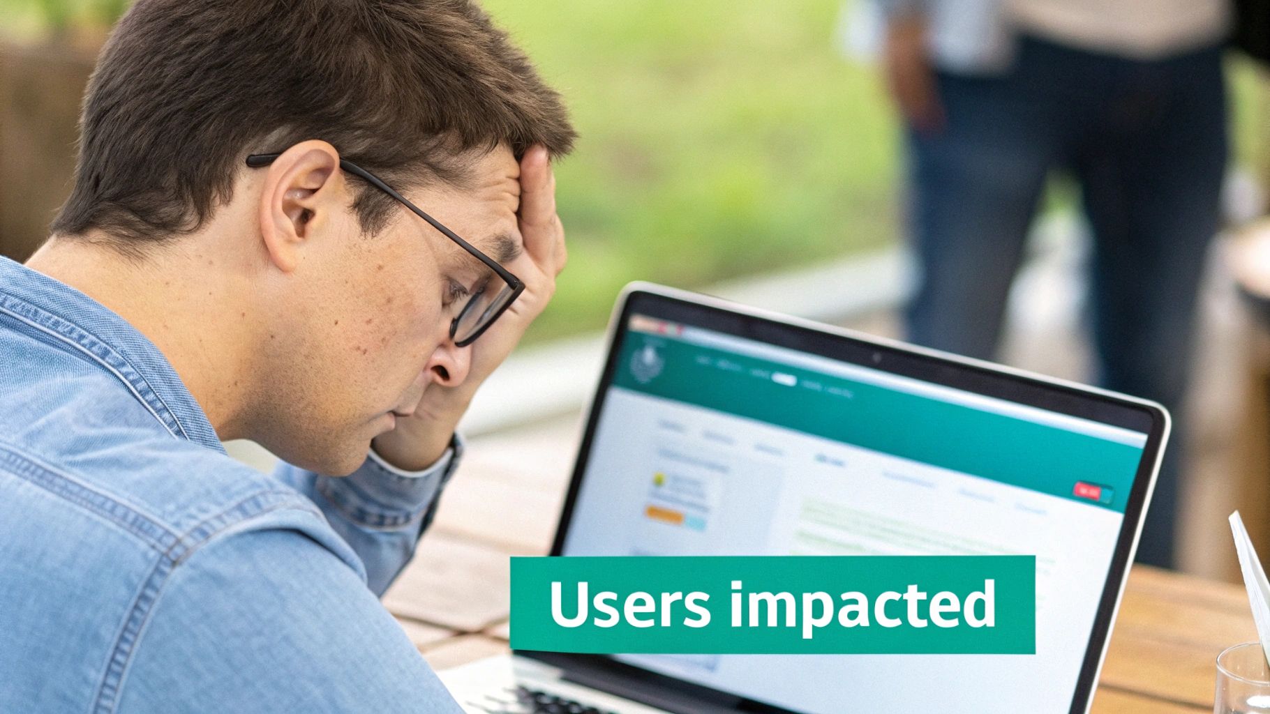 A person writing a letter at a desk, looking thoughtful and focused.
