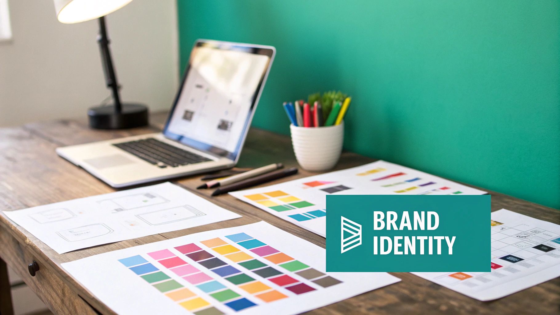 A person working on a laptop, with a cohesive grid of branded Pinterest pins in the foreground.