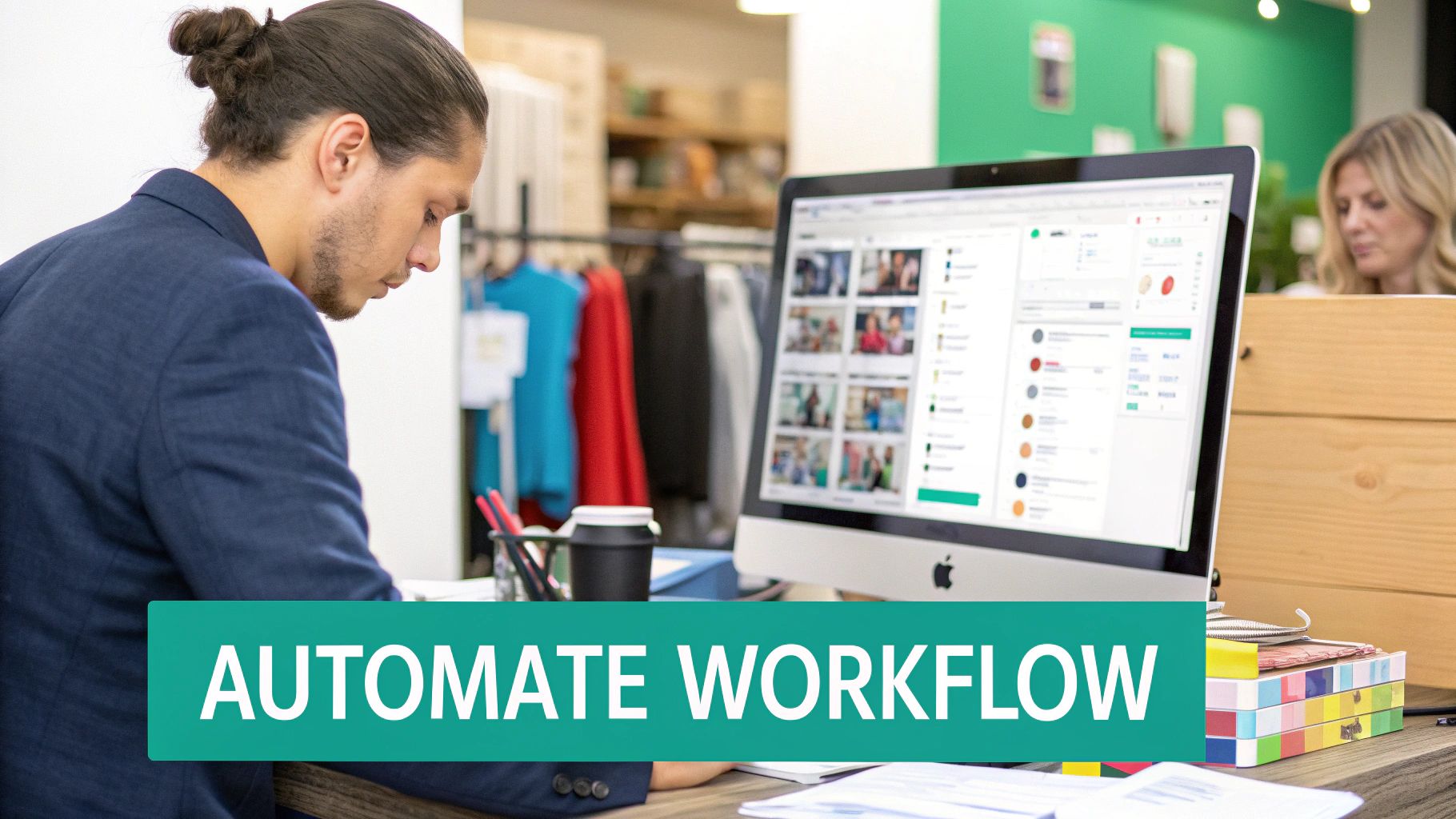 A person sitting at a desk, smiling, with a laptop open to a colorful dashboard showing scheduled social media posts.