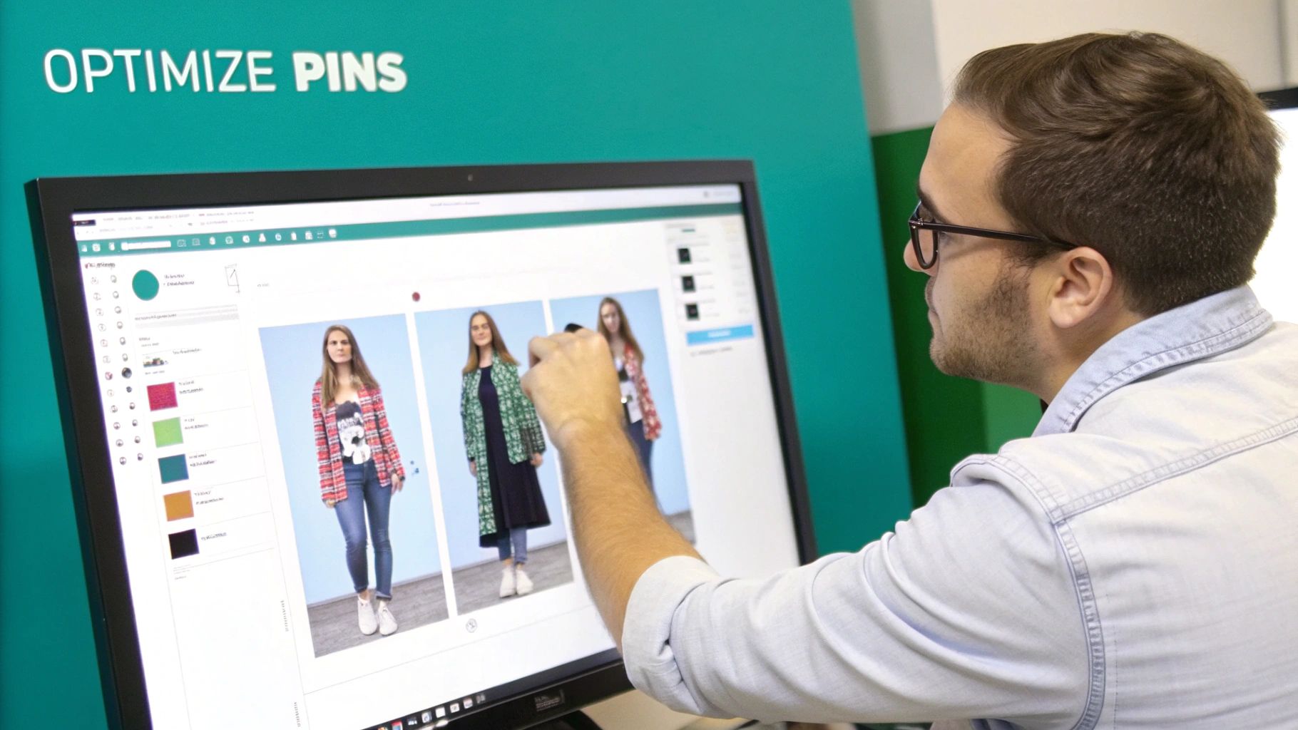 A close-up shot of a person using a laptop to optimize Pinterest pins, with colorful graphs and analytics visible on the screen.