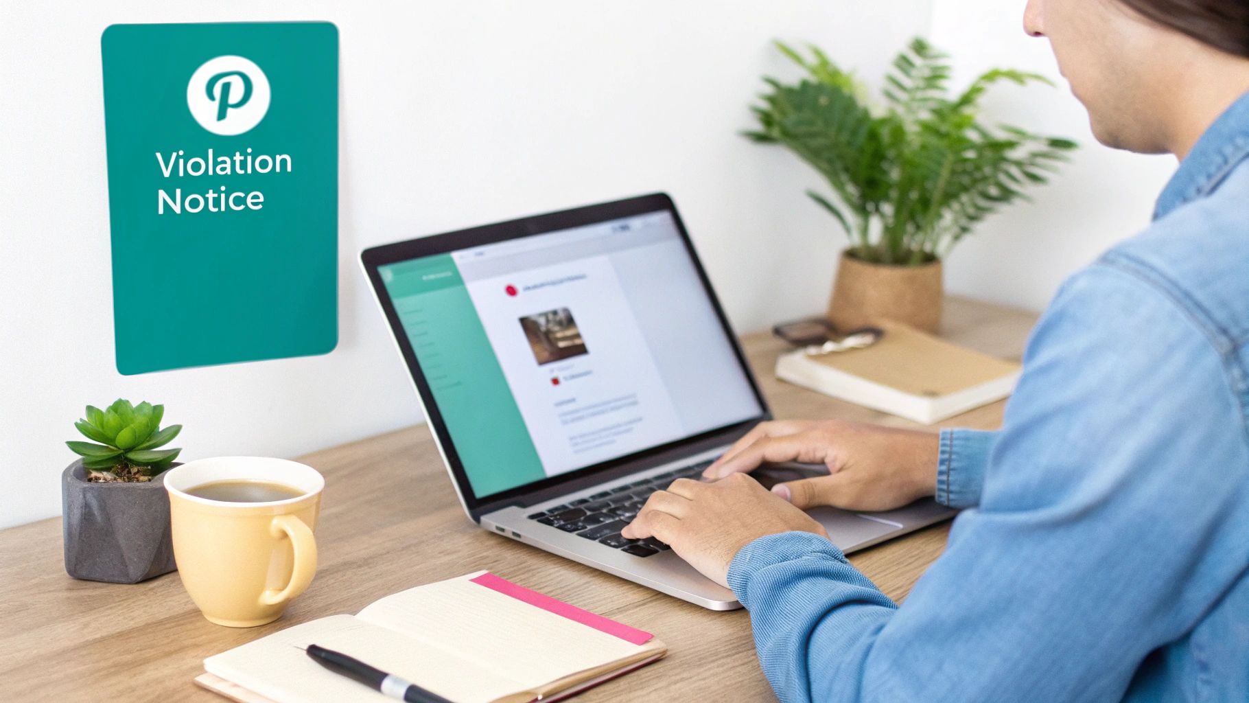 A person looking concerned at their laptop, representing the feeling of receiving a Pinterest violation notice.