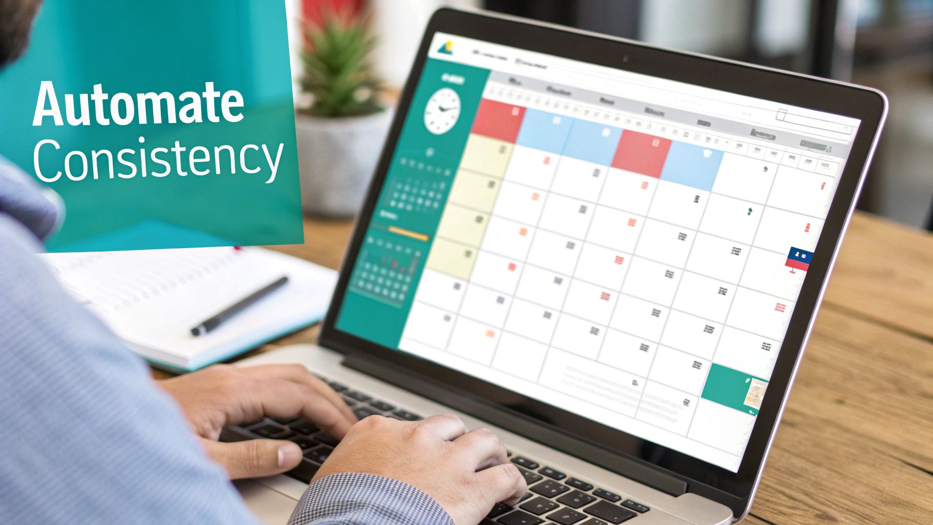 A laptop screen showing a Pinterest scheduling tool, with a calendar view of queued pins ready to be published.