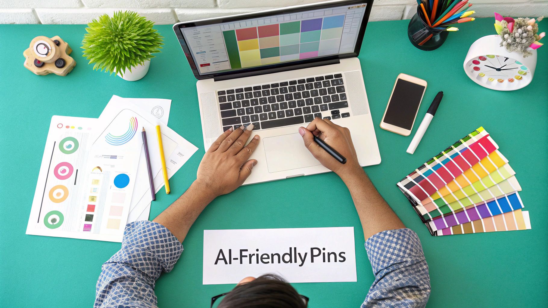 A person's hands arranging visually appealing flat-lay elements on a board, symbolizing the creation of AI-friendly Pinterest pins.