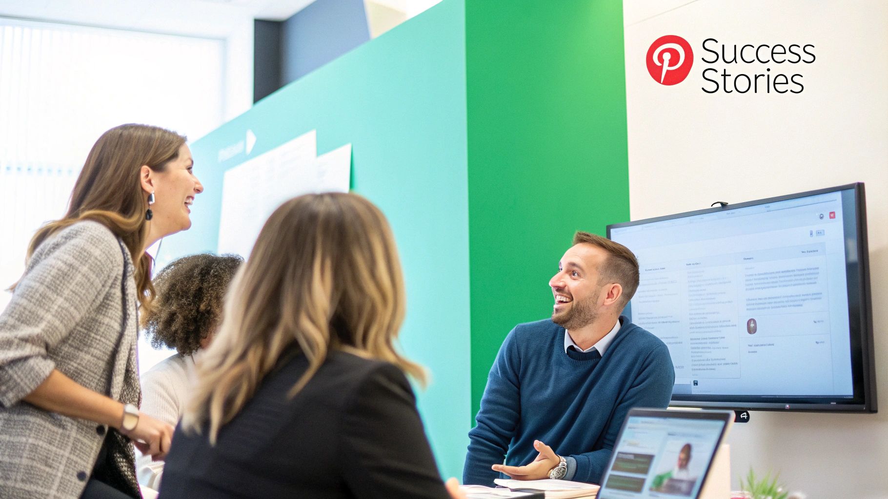 A woman looking at a Pinterest analytics dashboard on a laptop, planning her content distribution.