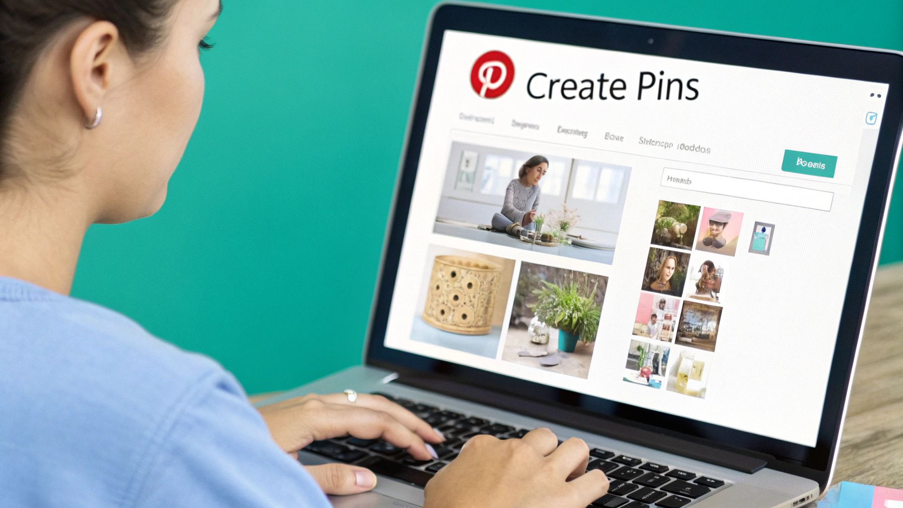 A person using a laptop with Pinterest's interface on the screen, surrounded by a creative and colorful design elements.