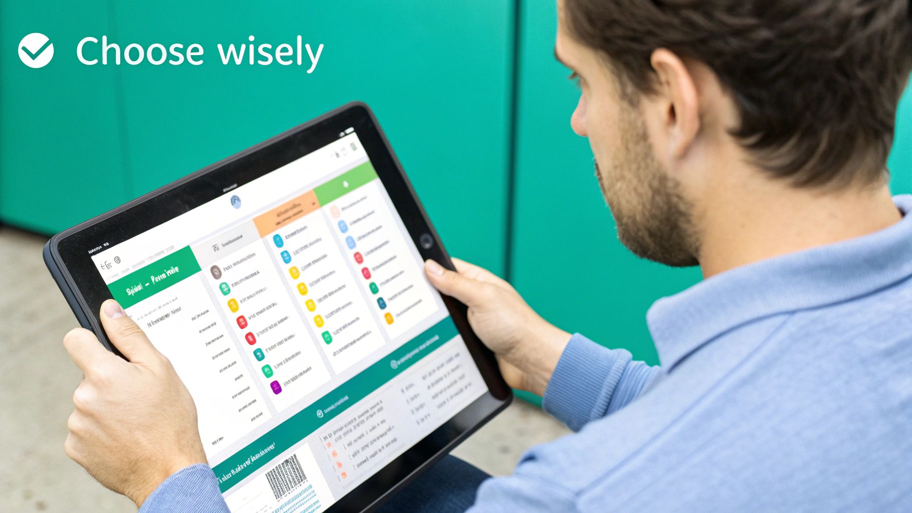 A person comparing different options on a laptop screen, with checklist icons and graphs visible.