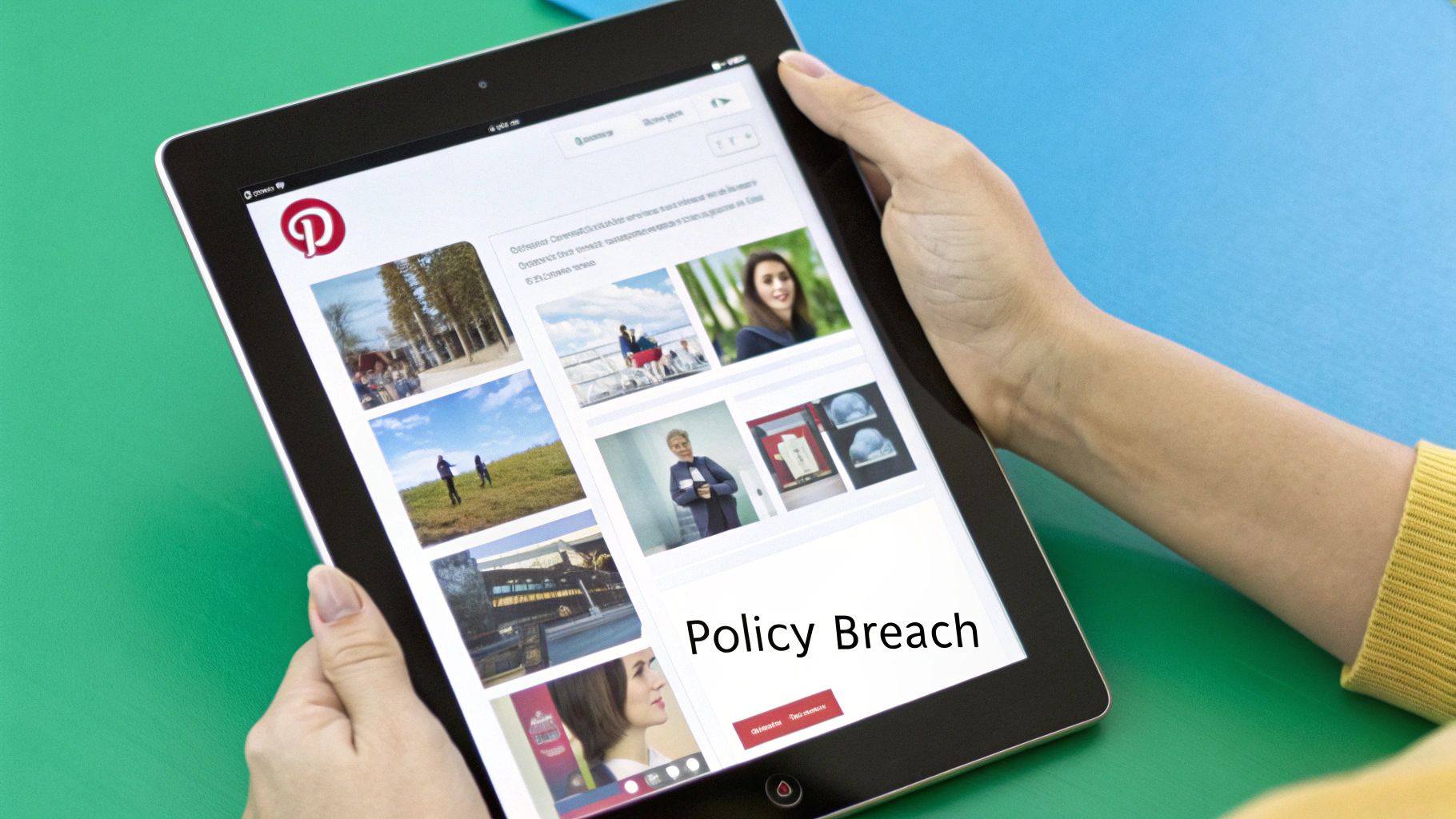 A magnifying glass hovering over a computer screen showing the Pinterest interface, symbolizing the search for violation triggers.