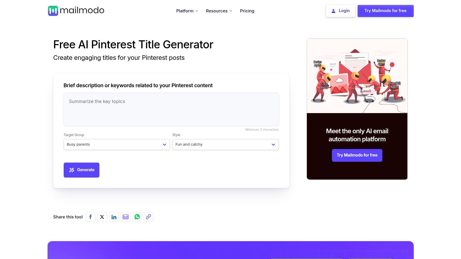 Mailmodo – Free AI Pinterest Title Generator