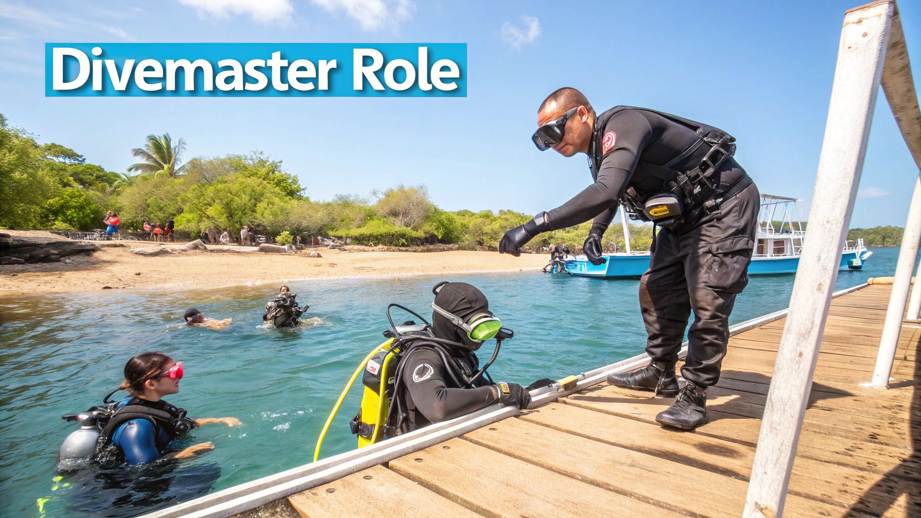 A screenshot from the PADI website showing the skills and responsibilities of a Divemaster, including supervising dive activities and assisting with student training.