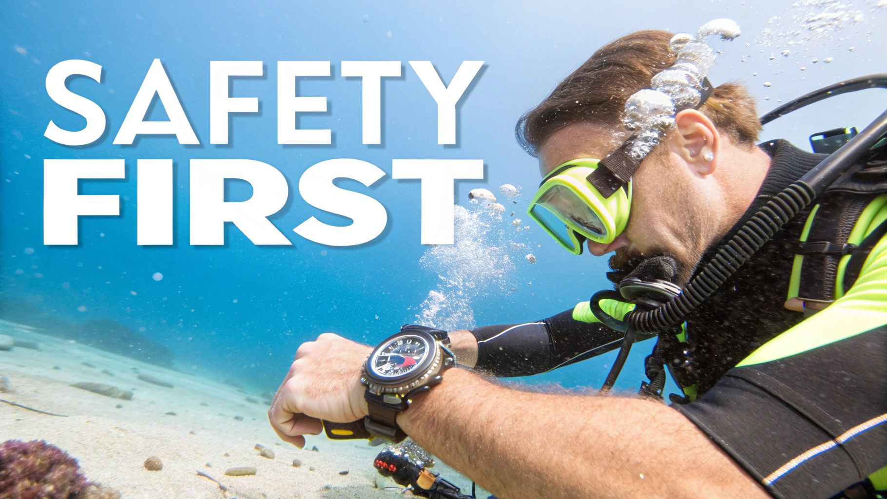 A scuba instructor teaches a student essential underwater skills near a coral reef.