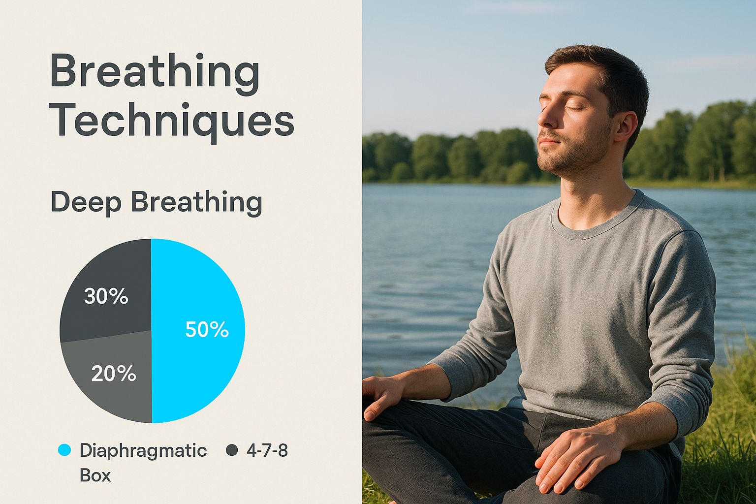 Infographic showing a person practicing breathing techniques by a calm lake, with "Breathing Techniques" text overlayed.