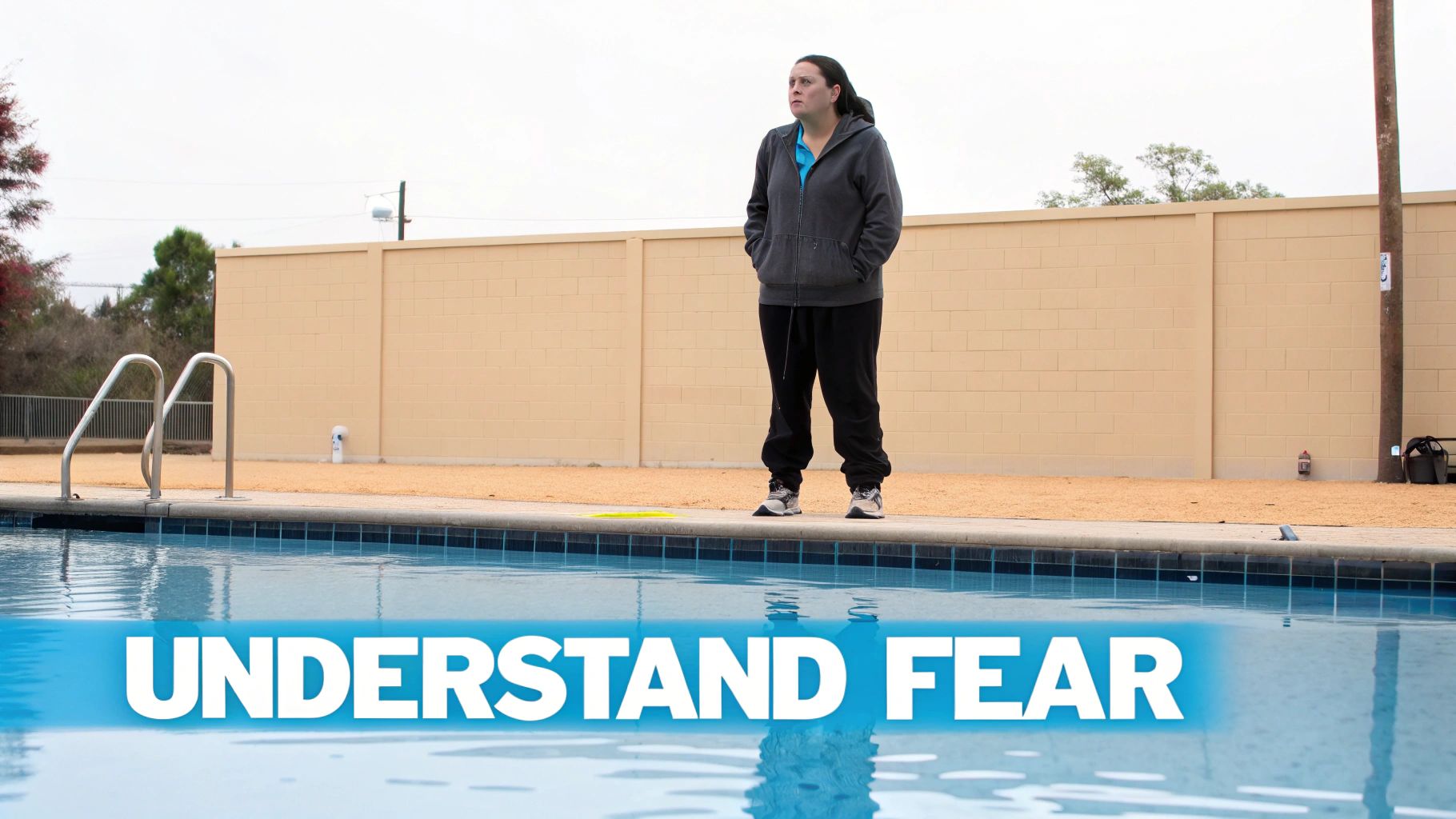 A person sitting by the edge of a calm pool, looking thoughtfully at the water