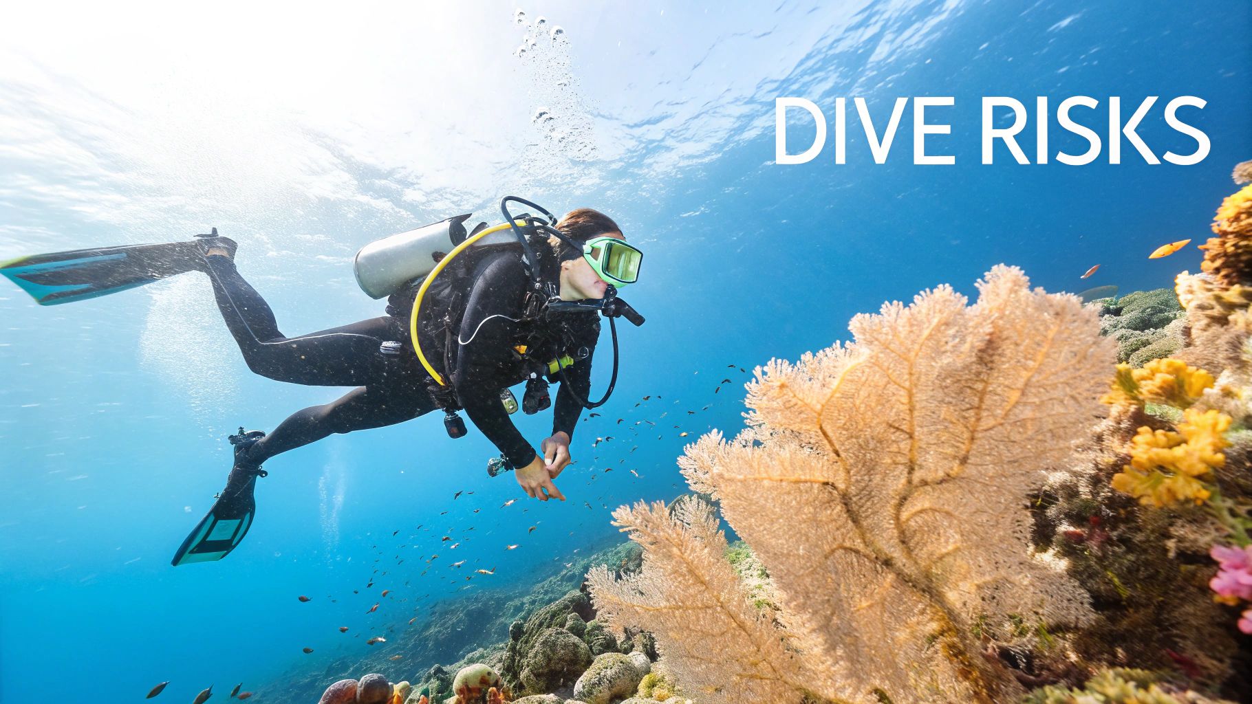 Is Scuba Diving Safe? The Ultimate Safety Guide 3 A scuba diver exploring a vibrant coral reef teeming with fish.