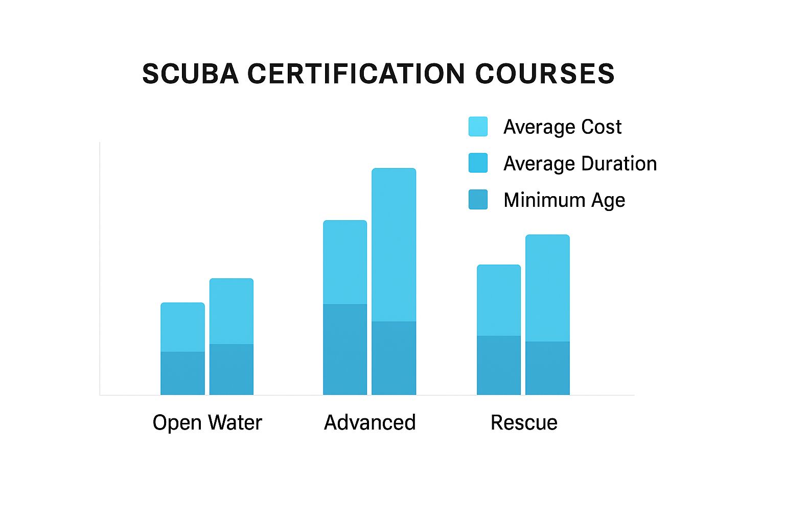 Infographic comparing cost, duration, and minimum age for Open Water, Advanced, and Rescue scuba certifications.