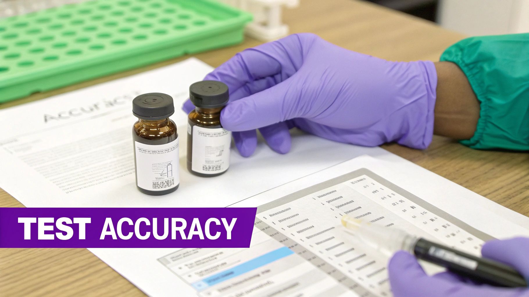 A magnifying glass hovering over a test result sheet, symbolizing the scrutiny of accuracy and limitations in tobacco use testing.