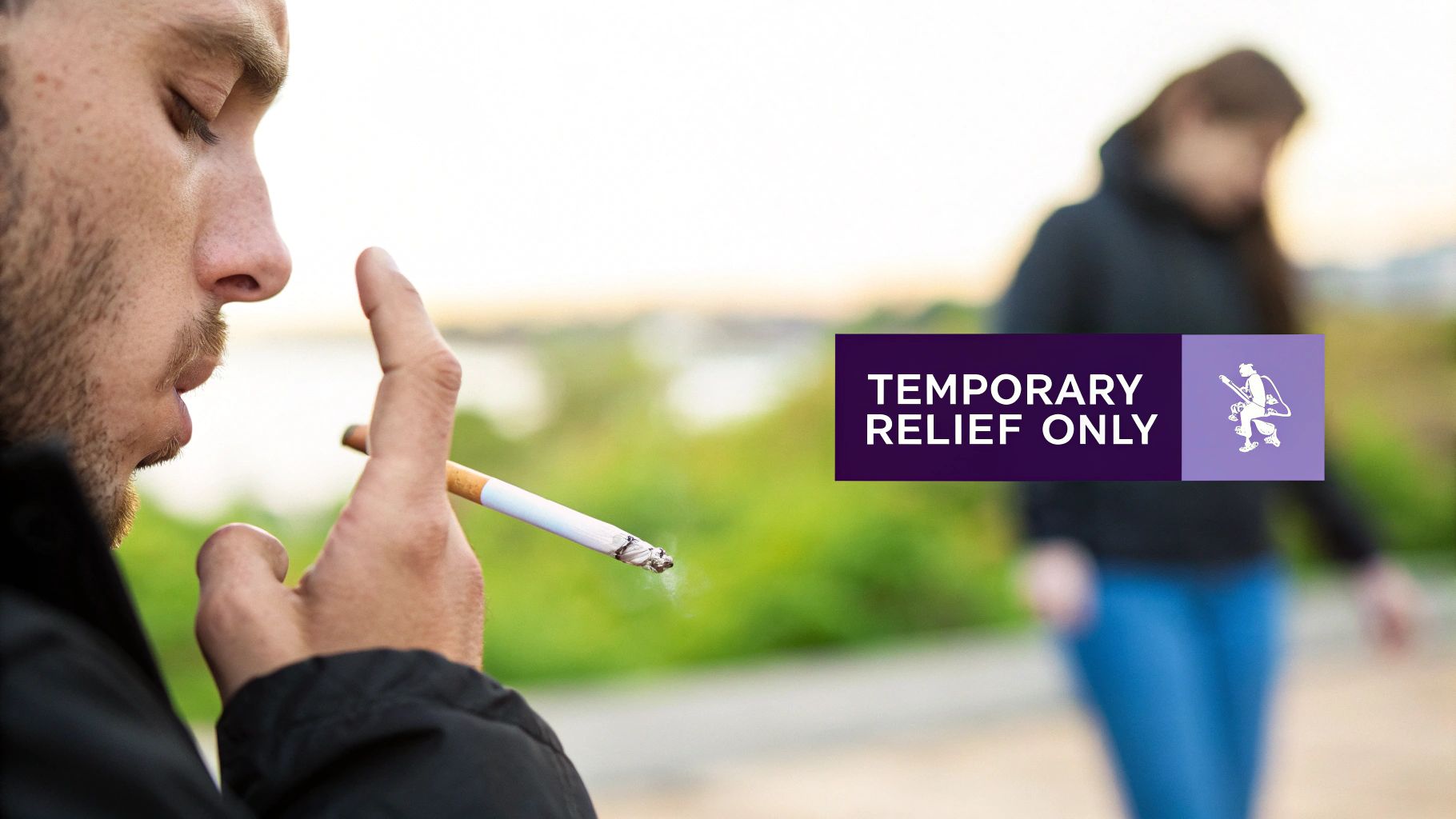 A person sitting on a couch, looking stressed, with a cigarette between their fingers.