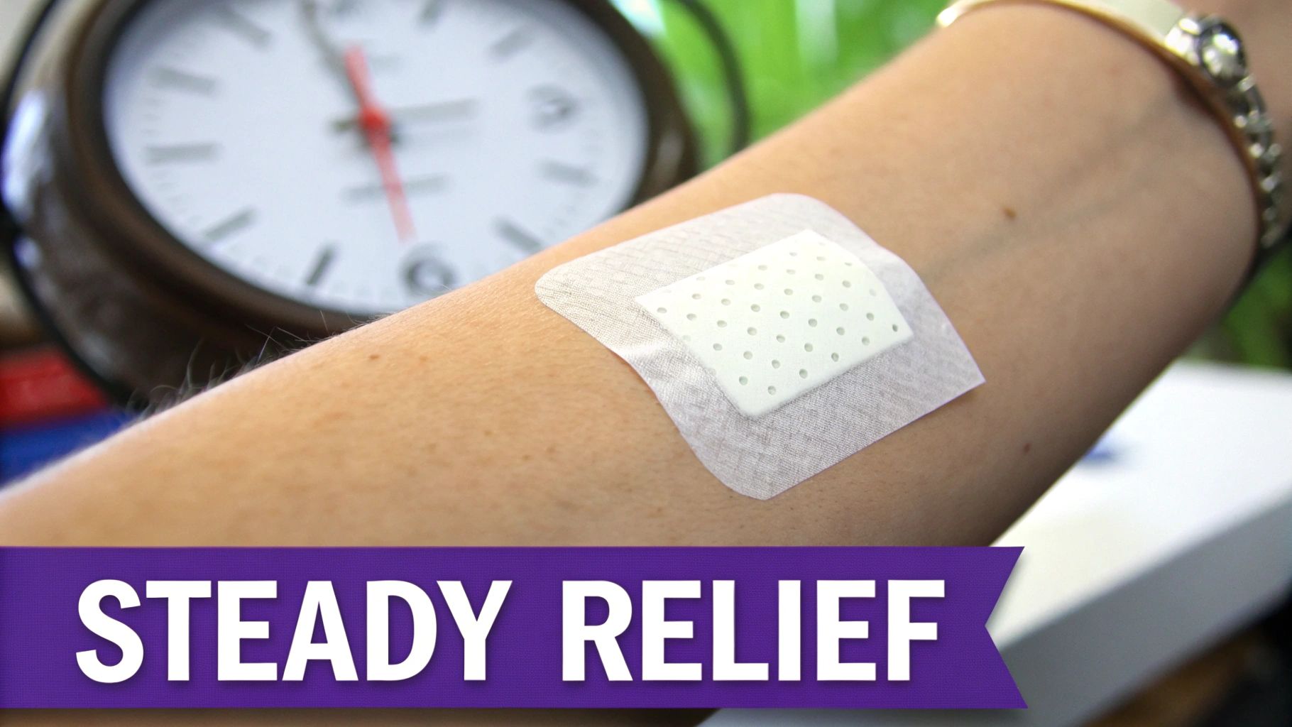 A close-up of a nicotine patch on a person's upper arm, showing its simple design and function.