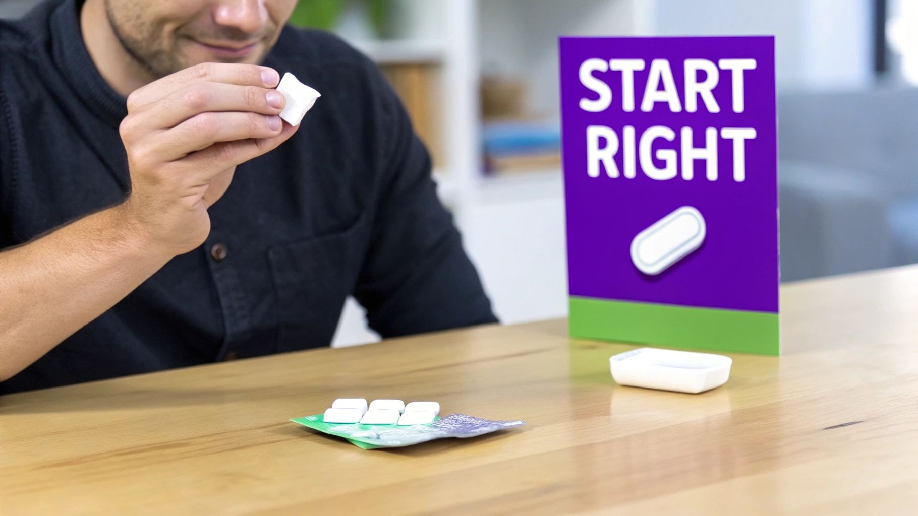A person holding a pack of nicotine gum, ready to start their quit journey.