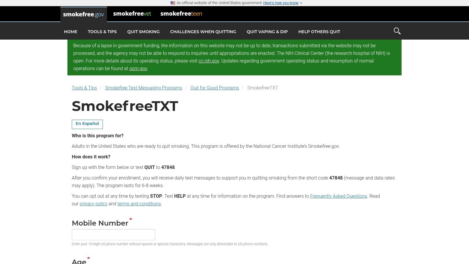 SmokefreeTXT (NCI / Smokefree.gov)