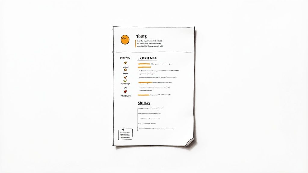 A neatly organized desk with a resume, pen, and coffee, representing the final review process.