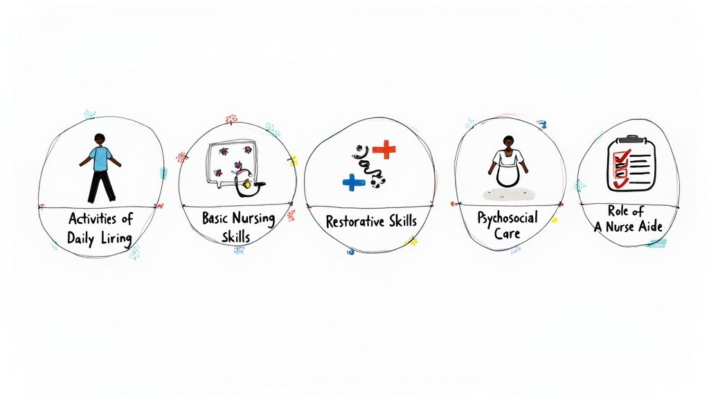 A collage of images showing CNAs assisting patients with daily activities, checking vital signs, and providing compassionate care.