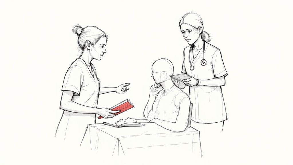 A CNA student practices taking a patient's blood pressure under the supervision of an instructor.