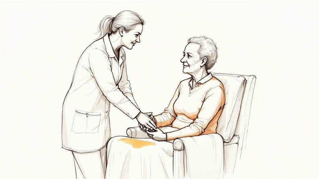 CNA gently holding the hand of an elderly woman with dementia