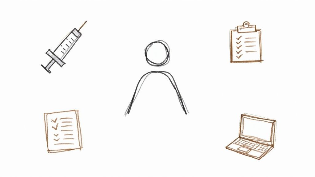 A medical professional smiles warmly while explaining something on a tablet to an attentive patient in a bright clinic room.