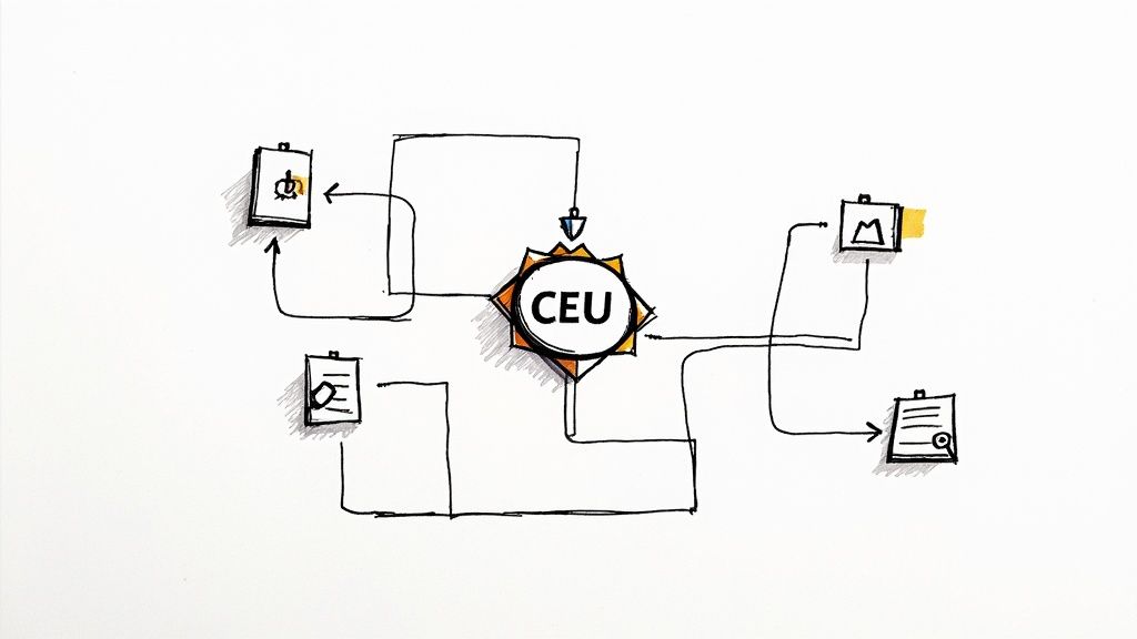 A smiling nurse reviews patient documents on a clipboard while standing in a bright hospital hallway.