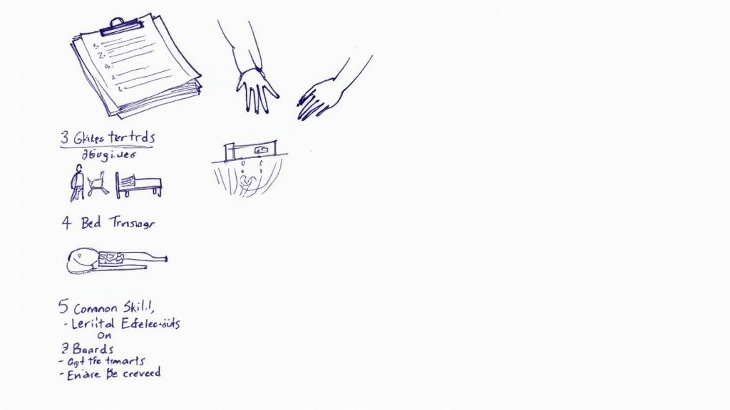 A diverse group of students in scrubs sit at desks, focused on taking a written exam.